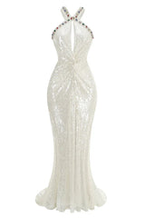 White sequin maxi dress with halter neckline - View 7 | TEVQA
