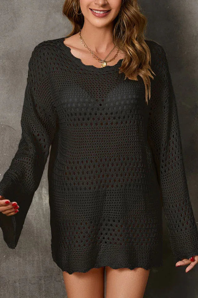 White Open-Knit Hollow Out Long Sleeve Beach Cover-Up - TEVQA