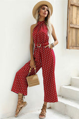 Polka Dots Print Funnel Neck Belted Jumpsuit | Dress In Beauty
