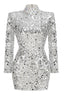 A silver sequined mini dress with a high neckline and long sleeves, displayed as a product shot.