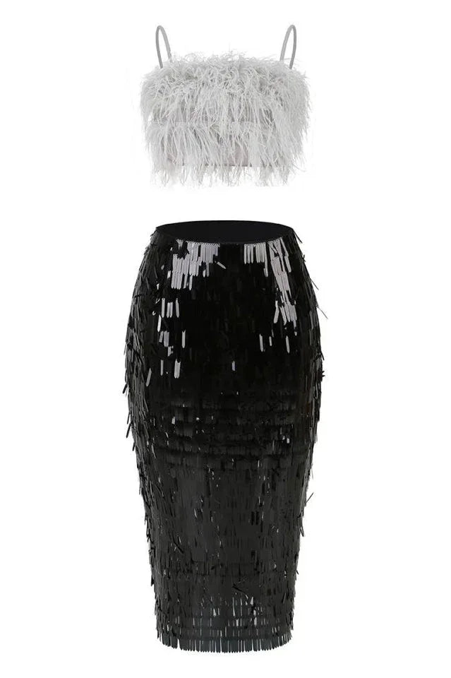 Aleyna Feather Top + Sequin Skirt Set - TEVQA