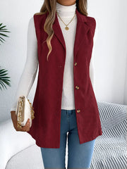 Beige Corduroy Button Down Vest - TEVQA