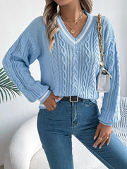 Cable Knit V-Neck Sweater - View 6 | TEVQA