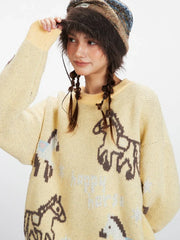 Vintage Yellow "Happy Horse" Knit Sweater - TEVQA