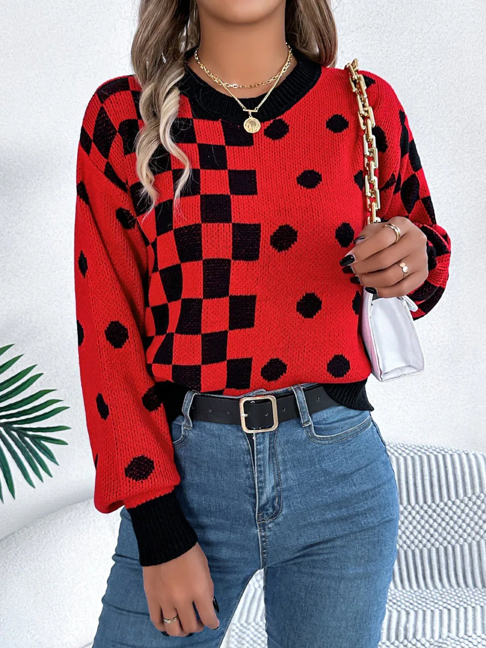 Gray Polka Dot & Checkerboard Knit Sweater - View 10 | TEVQA