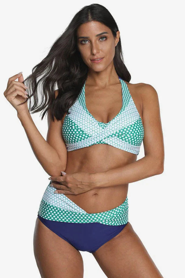 Plus size two-piece swimsuit with halter neck and high-waisted bottoms - View 16 | TEVQA