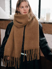 Solid Red Fuzzy Knit Scarf Fringe Edge Oversized