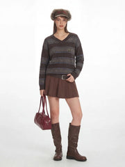 Vintage Academia V-Neck Striped Knit Sweater - TEVQA