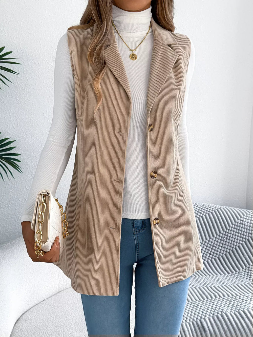 Beige Corduroy Button Down Vest - TEVQA