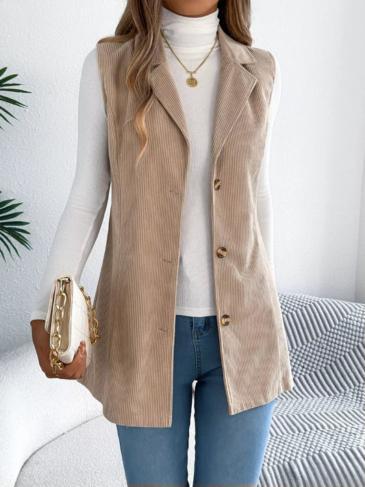 Beige Corduroy Button Down Vest - TEVQA