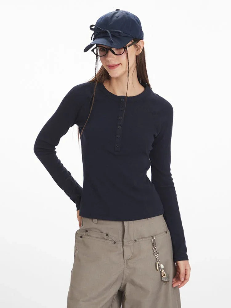 Vintage Grey Ribbed Henley Top - TEVQA
