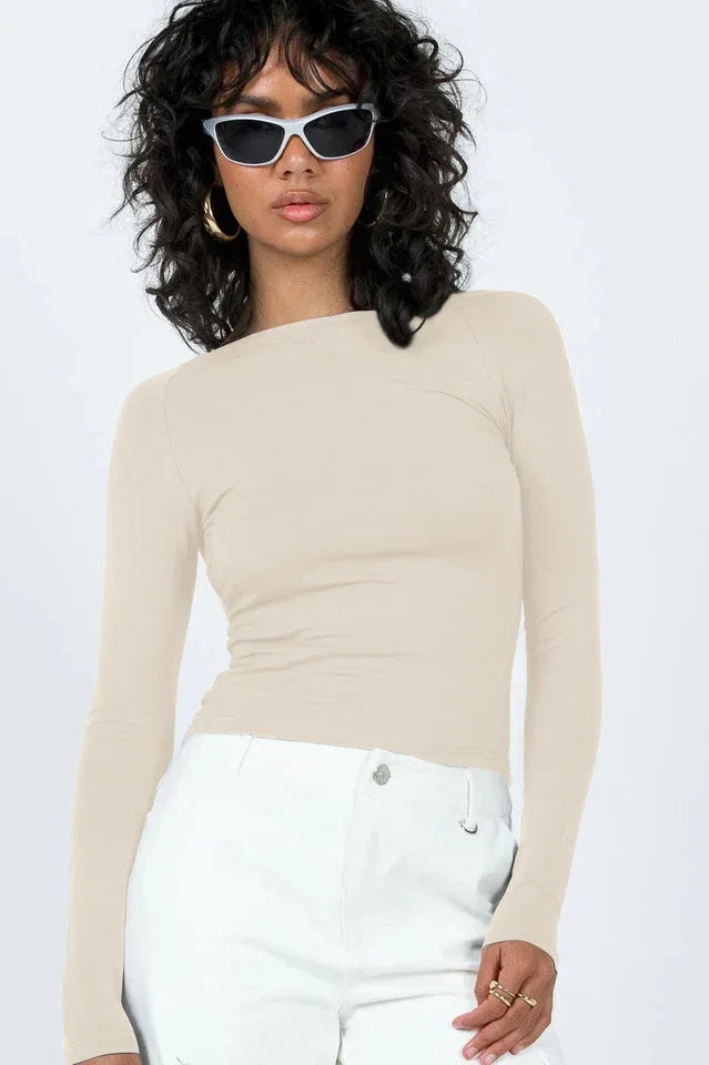 Ribbed knit long sleeve top with open back - View 11 | TEVQA
