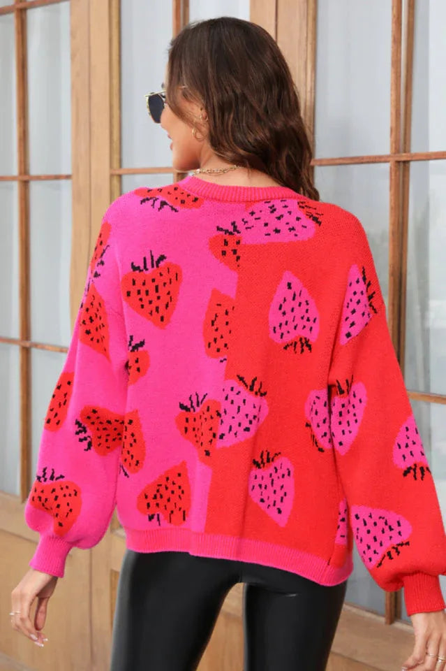 Colorblock Strawberry Cardigan - View 8 | TEVQA