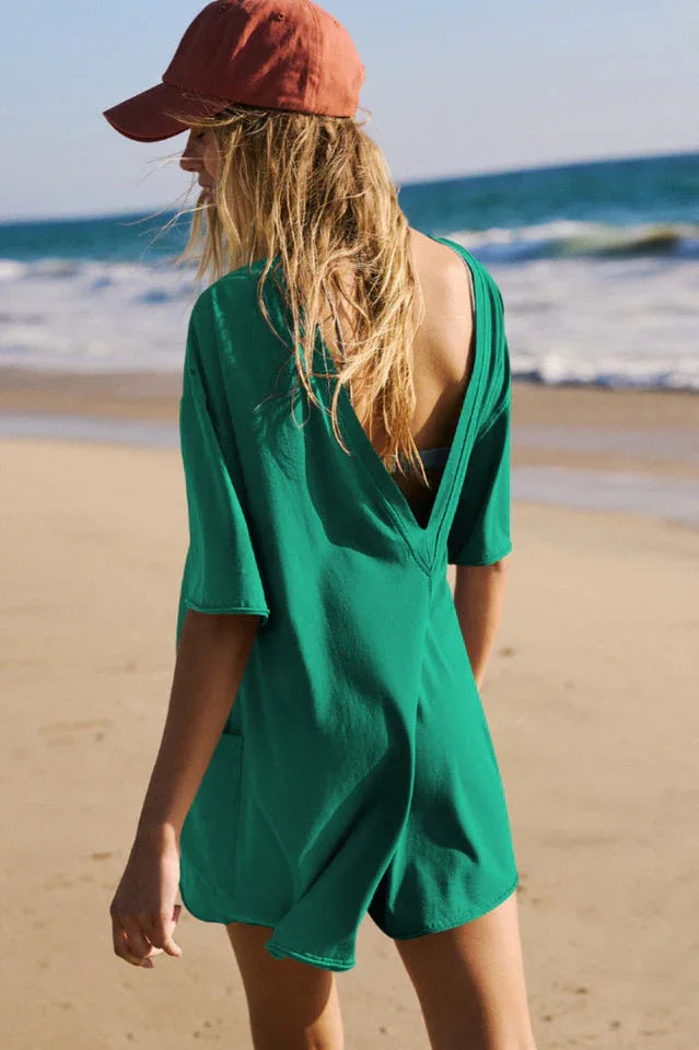 Oversized Crew Neck Romper with Open Back - View 9 | TEVQA