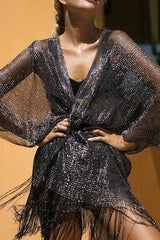 Metallic knit kimono cover up with fringe detail - View 7 | TEVQA