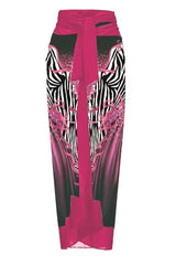 One shoulder swimsuit with tropical print and floral applique, paired with a matching skirt. - View 17 | TEVQA