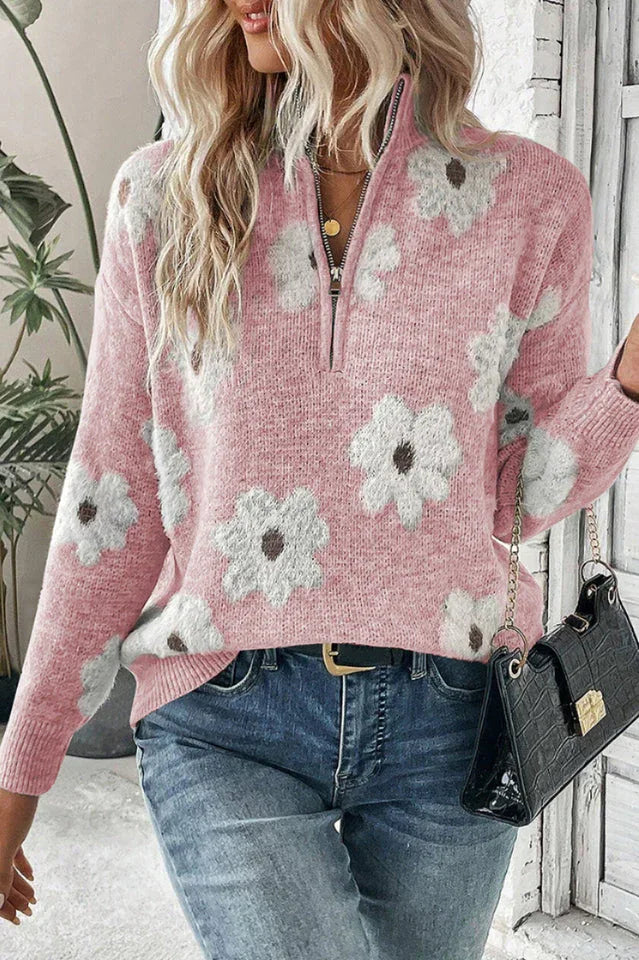 Floral Knit Quarter-Zip Sweater - View 11 | TEVQA