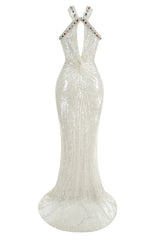 White sequin maxi dress with halter neckline - View 8 | TEVQA