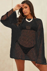 White Textured Knit Side Slit Beach Cover-Up Tunic - TEVQA
