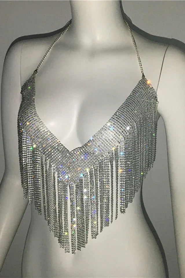 Sparkling Crystal Chainmail Crop Top - Backless Rhinestone Metal Mesh Cami - TEVQA