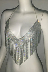Sparkling Crystal Chainmail Crop Top - Backless Rhinestone Metal Mesh Cami - TEVQA