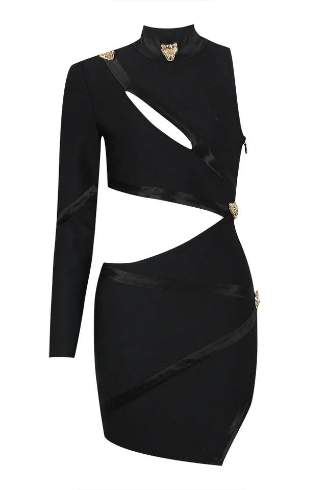 Product shot of a black asymmetrical mini dress with cut-out details and satin trim.
