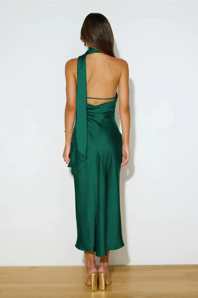 Elegant halter neck satin maxi dress - View 6 | TEVQA