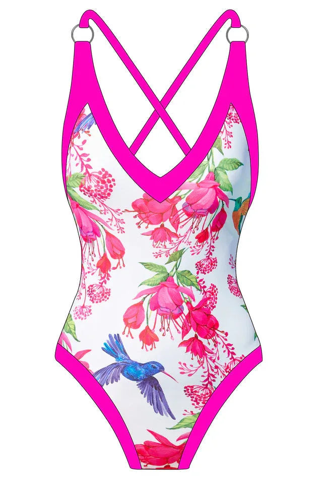 One Piece Swimsuit with V-Neck and Floral Print - View 12 | TEVQA