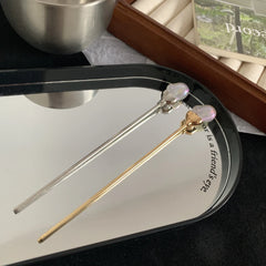 Minimalist Metal Hair Stick with Opalescent Rose - 4.6" Bun Pin