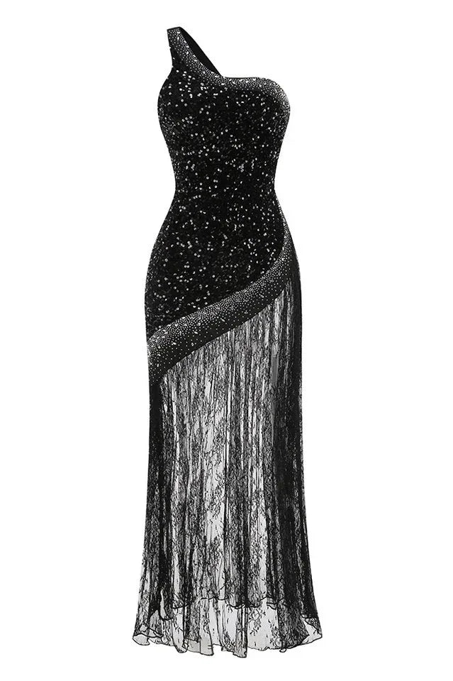 One Shoulder Shiny Sequin Lace Dress - TEVQA