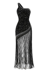 One Shoulder Shiny Sequin Lace Dress - TEVQA