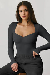 Cream Ribbed Sweetheart Neck Long Sleeve Top - TEVQA