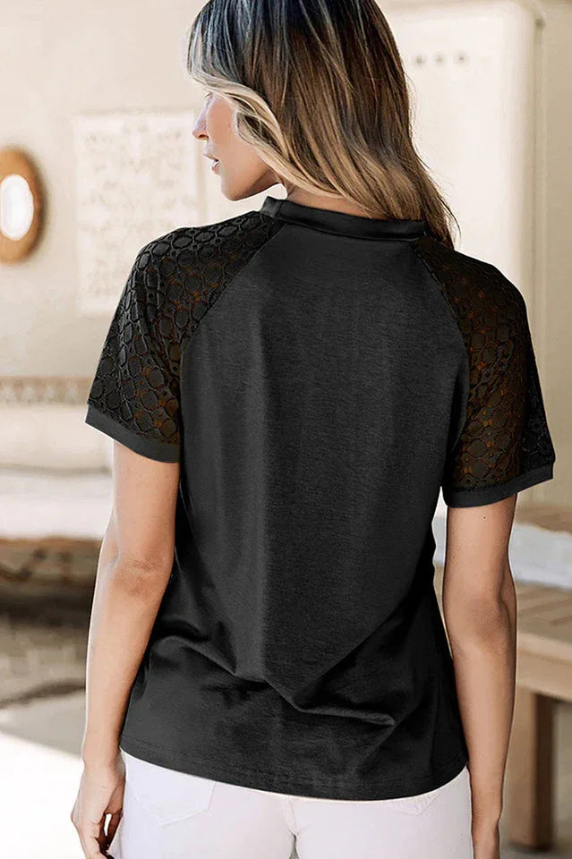 Lace Sleeve Pleated Mock Neck Blouse - View 10 | TEVQA
