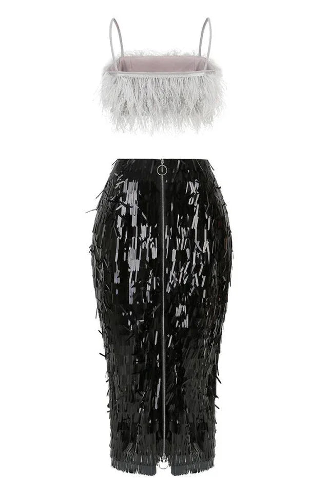 Aleyna Feather Top + Sequin Skirt Set - TEVQA