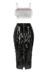 Aleyna Feather Top + Sequin Skirt Set - TEVQA