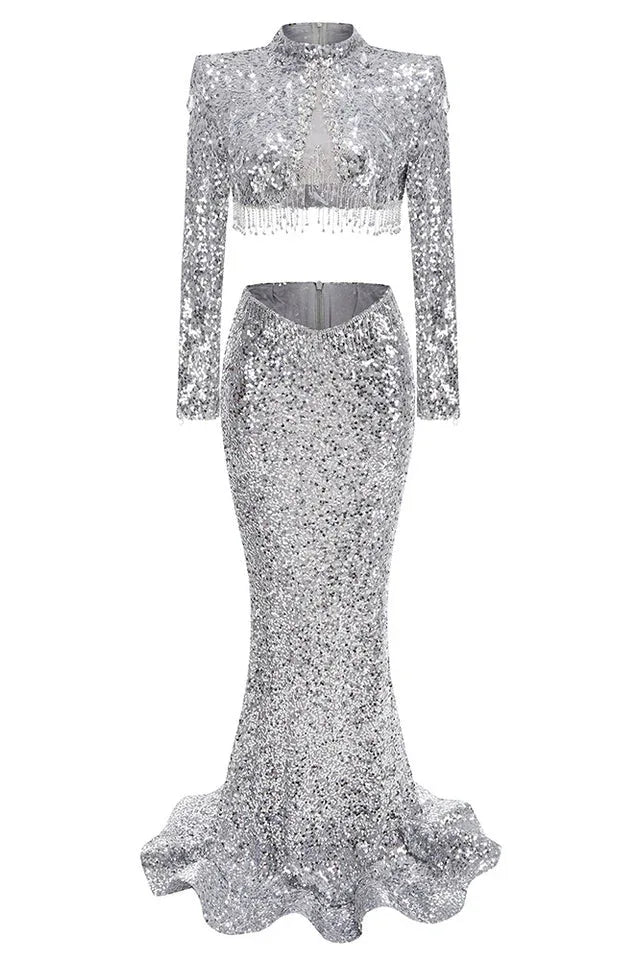 Silver sequin maxi dress with mock neck and fringe detail - View 7 | TEVQA