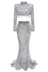 Silver sequin maxi dress with mock neck and fringe detail - View 7 | TEVQA