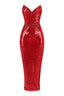Front view of a red sequined strapless evening gown with a sweetheart neckline and a fitted column silhouette.