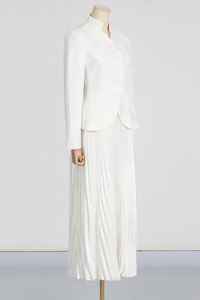 Mandarin Collar Peplum Jacket and Pleated Skirt Set - View 12 | TEVQA