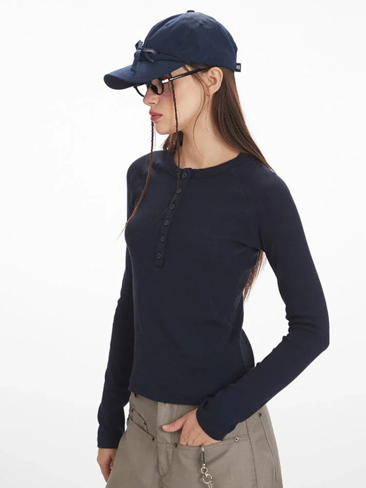 Vintage Grey Ribbed Henley Top - TEVQA