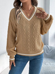 Cable Knit V-Neck Sweater - View 10 | TEVQA