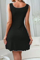 Black Ribbed Knit Mini Nightgown with White Contrast Lettuce Trim & Bow - Coquette Sleepwear - TEVQA