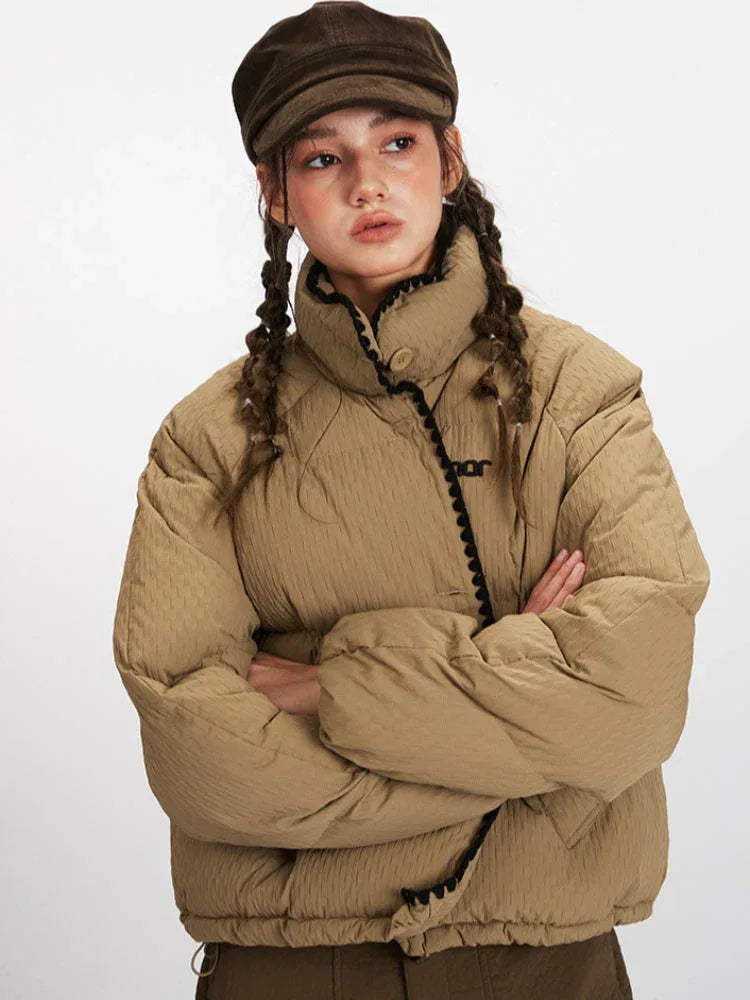 Textured Stand Collar Cropped Puffer Jacket - TEVQA