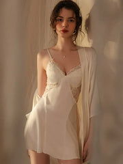 French Princess | Dot Mesh & Lace Satin Robe Set - TEVQA