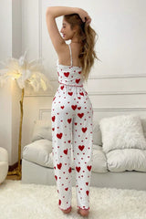 White Ribbed Knit Pajama Set with Red Heart Print, Cami Top & Long Pants - Cute Sleepwear