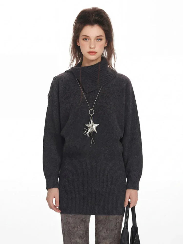 Charcoal grey high neck buttoned knit mini dress - View 6 | TEVQA