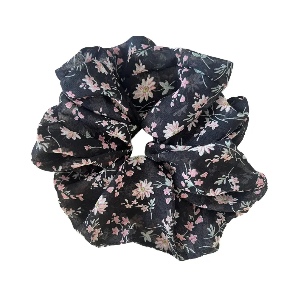 Black floral print chiffon scrunchie