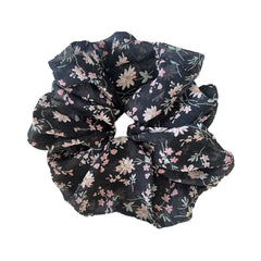 Black floral print chiffon scrunchie