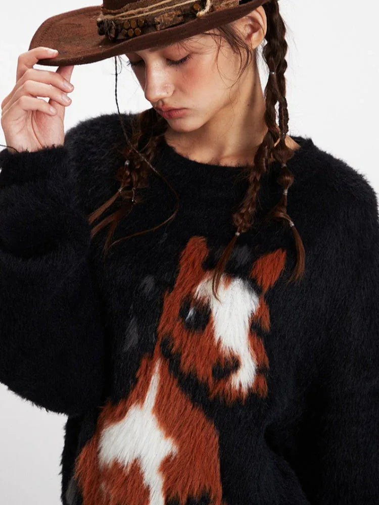 Vintage Black Fuzzy Horse Graphic Sweater - TEVQA