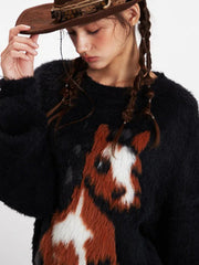 Vintage Black Fuzzy Horse Graphic Sweater - TEVQA